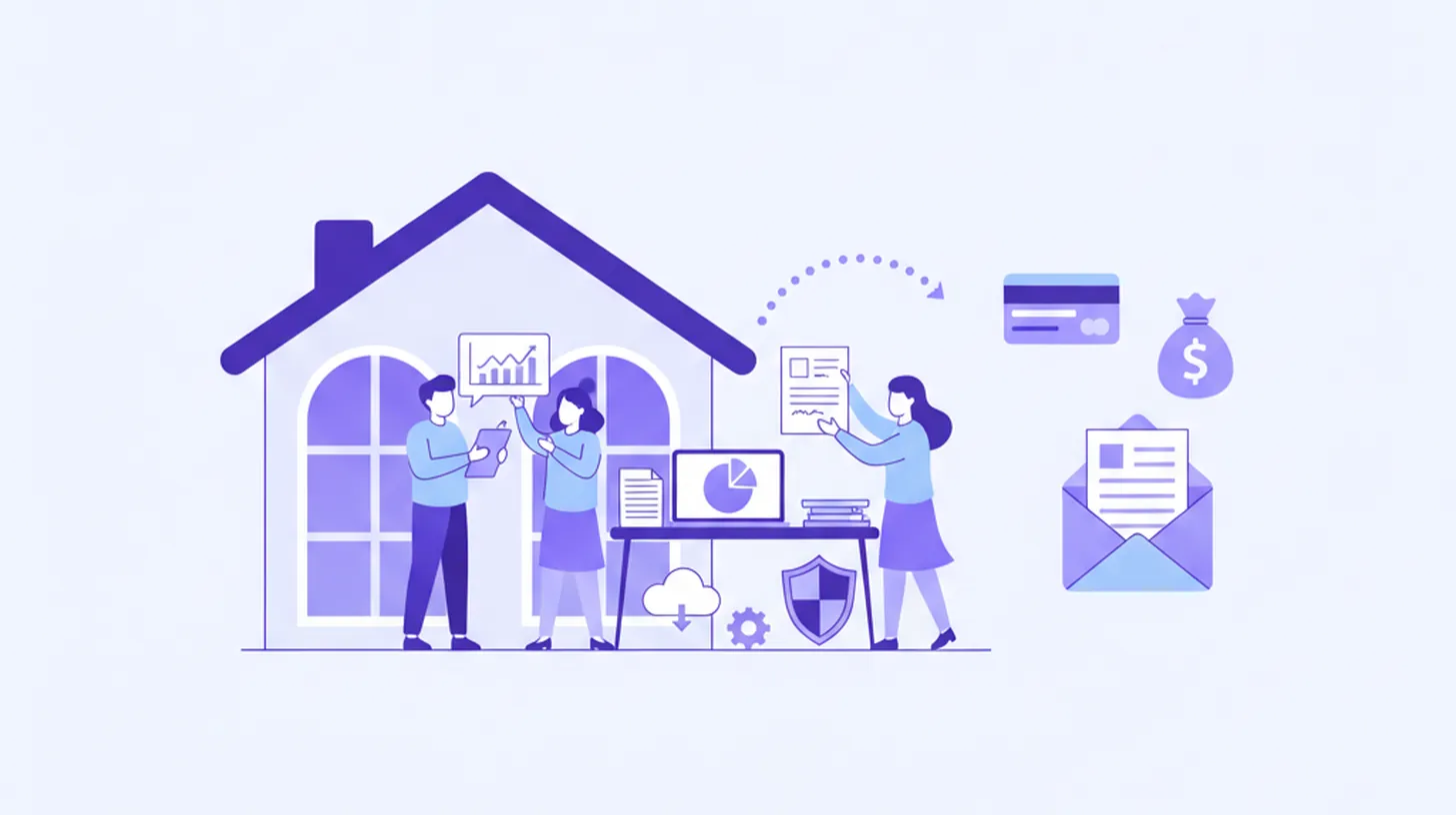 Ilustración flat de una casa particular con personas trabajando en el hogar, íconos de documentos, monedas en pesos uruguayos y escudo del BPS estilizado, en tonos violeta y azul