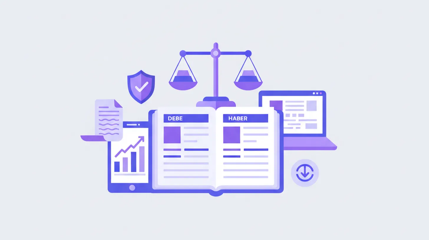 Ilustración de un balance de sumas y saldos con columnas de debe y haber, balanza equilibrada y libro mayor contable