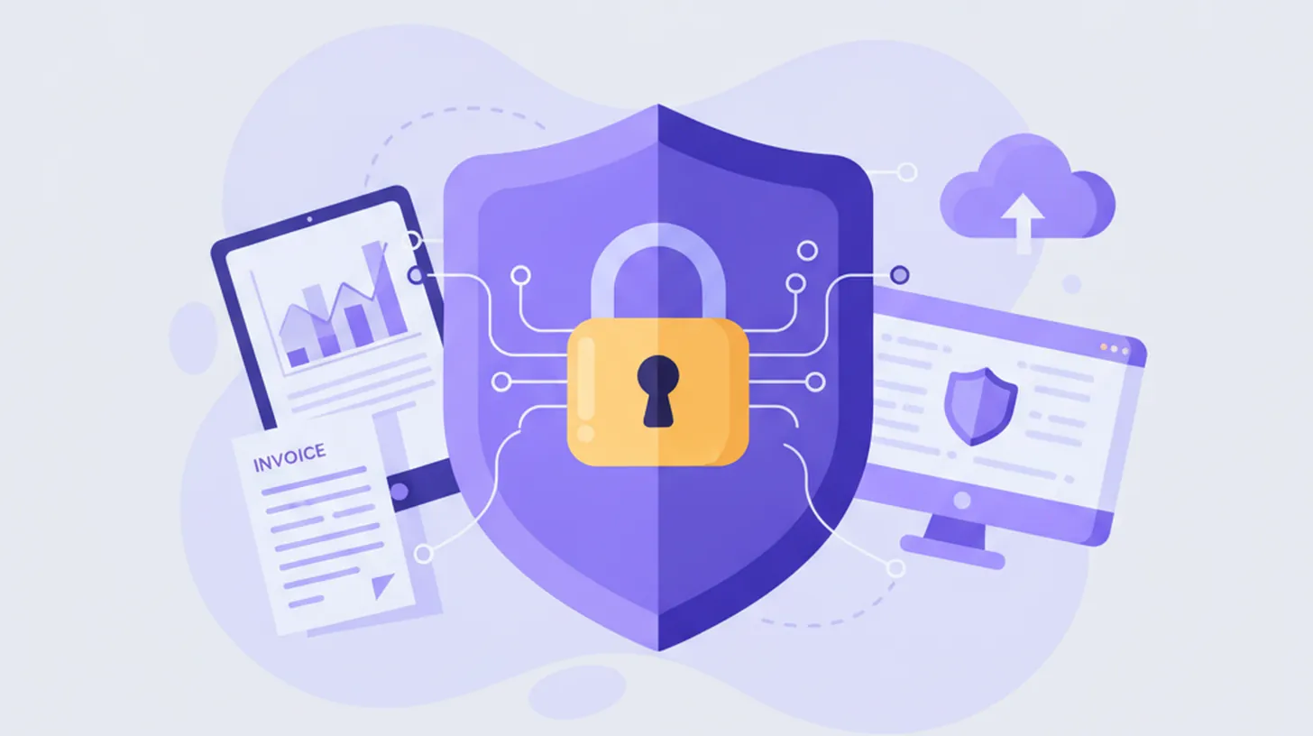 Ilustración flat del Certificado de Sello Digital del SAT de México, representado como un escudo digital con candado sobre un documento XML, en tonos violeta y azul