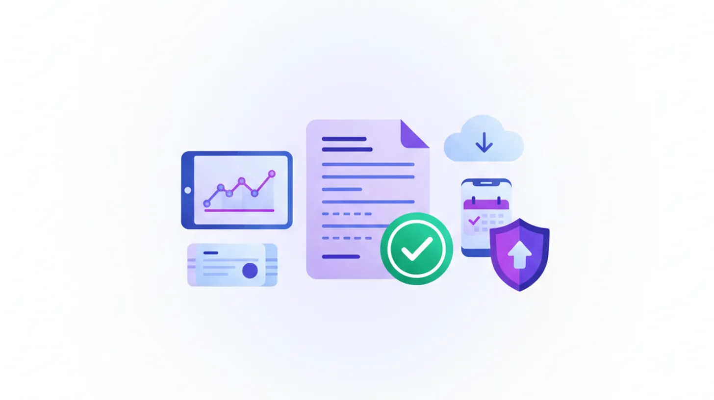 Ilustración vectorial de un certificado digital oficial con escudo institucional y marca de verificación, sobre fondo violeta y azul, estilo flat design