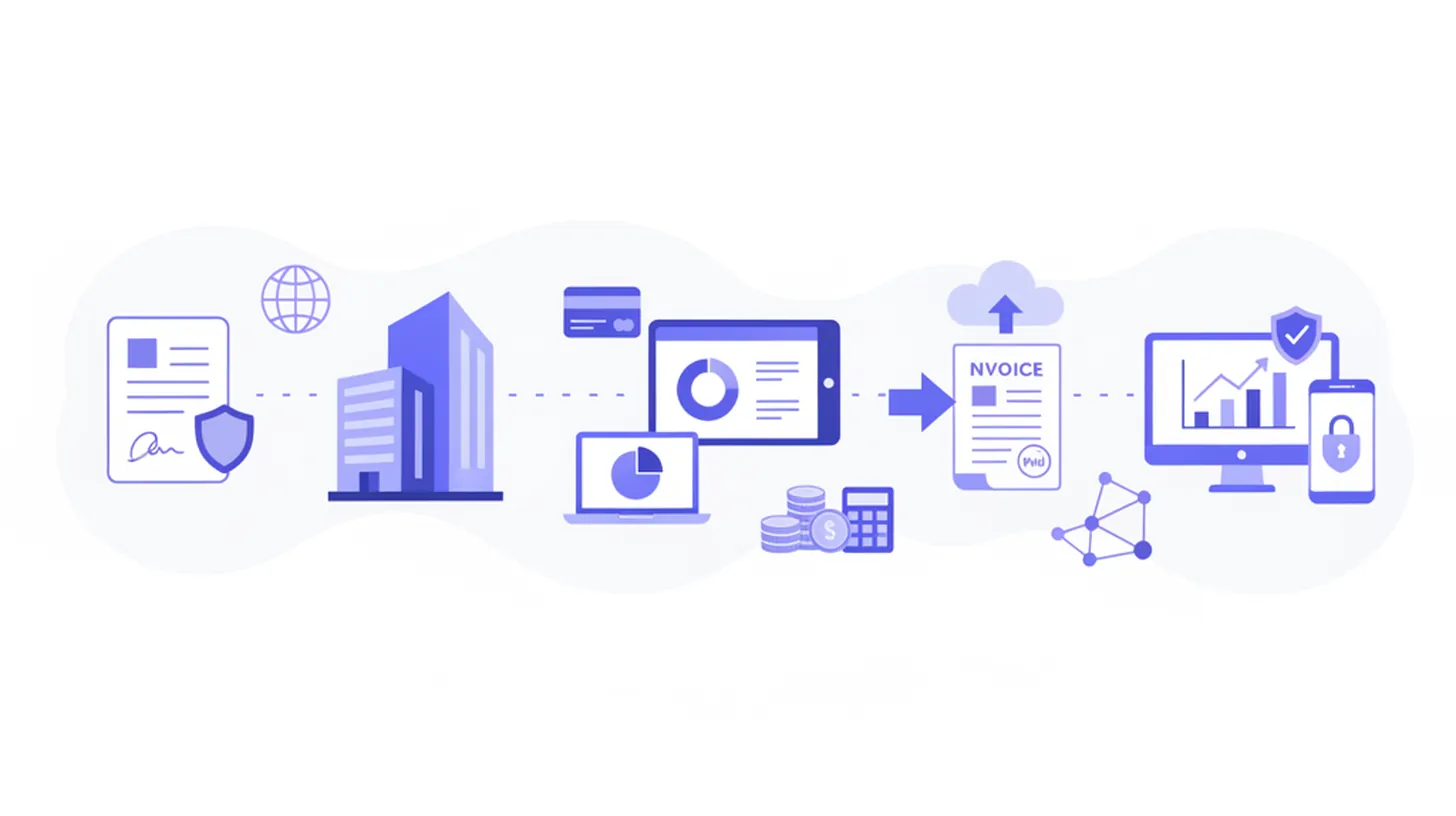 Ilustración flat vector que muestra los pasos para abrir una empresa en Uruguay: documentos, formularios y aprobación oficial