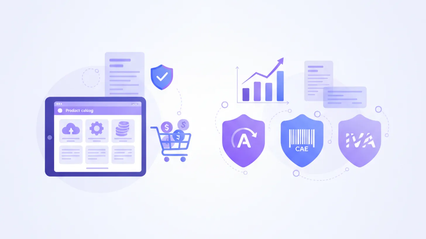 Ilustración vectorial de catálogo online con productos, facturación y logo ARCA en tonos violeta y azul