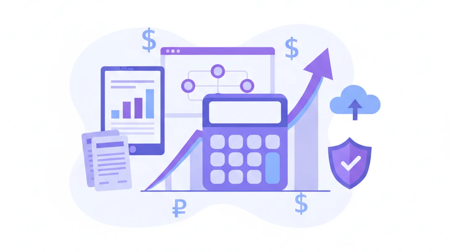 Ilustración vectorial de calculadora y gráficos de margen de ganancia en tonos violeta y azul