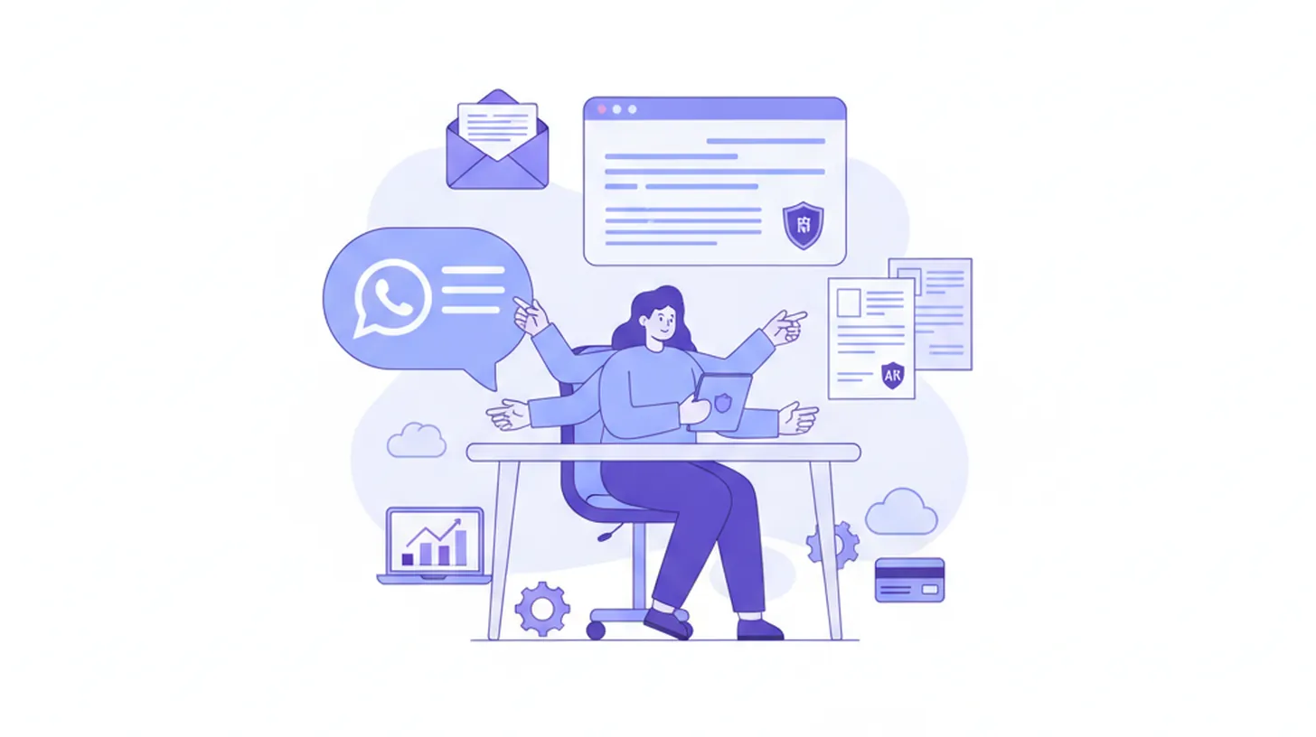 Ilustración vectorial de un agente de soporte atendiendo por WhatsApp, chat web y email con iconos de factura electrónica y CAE