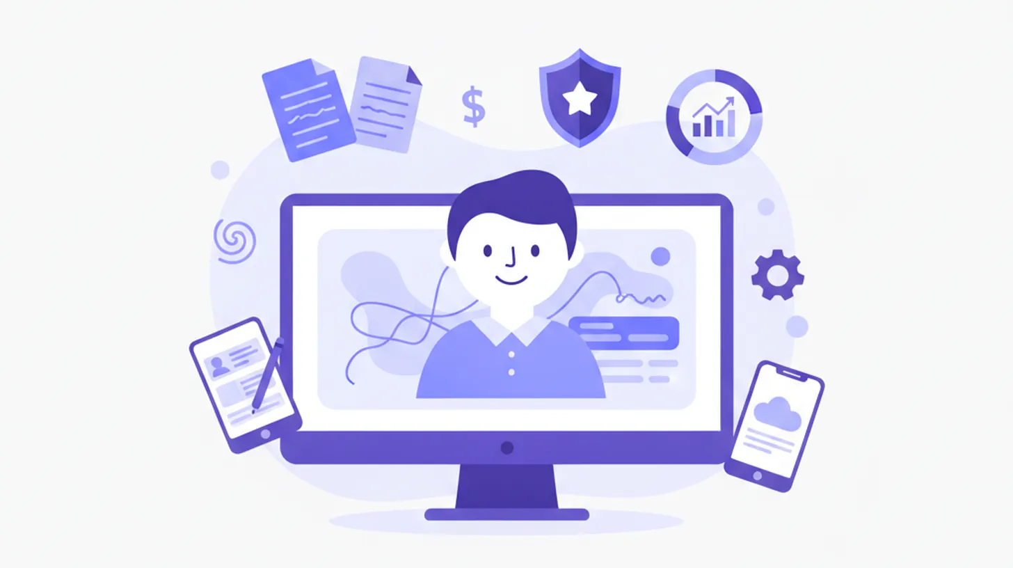 Ilustración vectorial plana que muestra el proceso de descarga de facturas electrónicas CFDI desde el portal del SAT, con íconos de archivos XML y PDF en colores violeta y azul