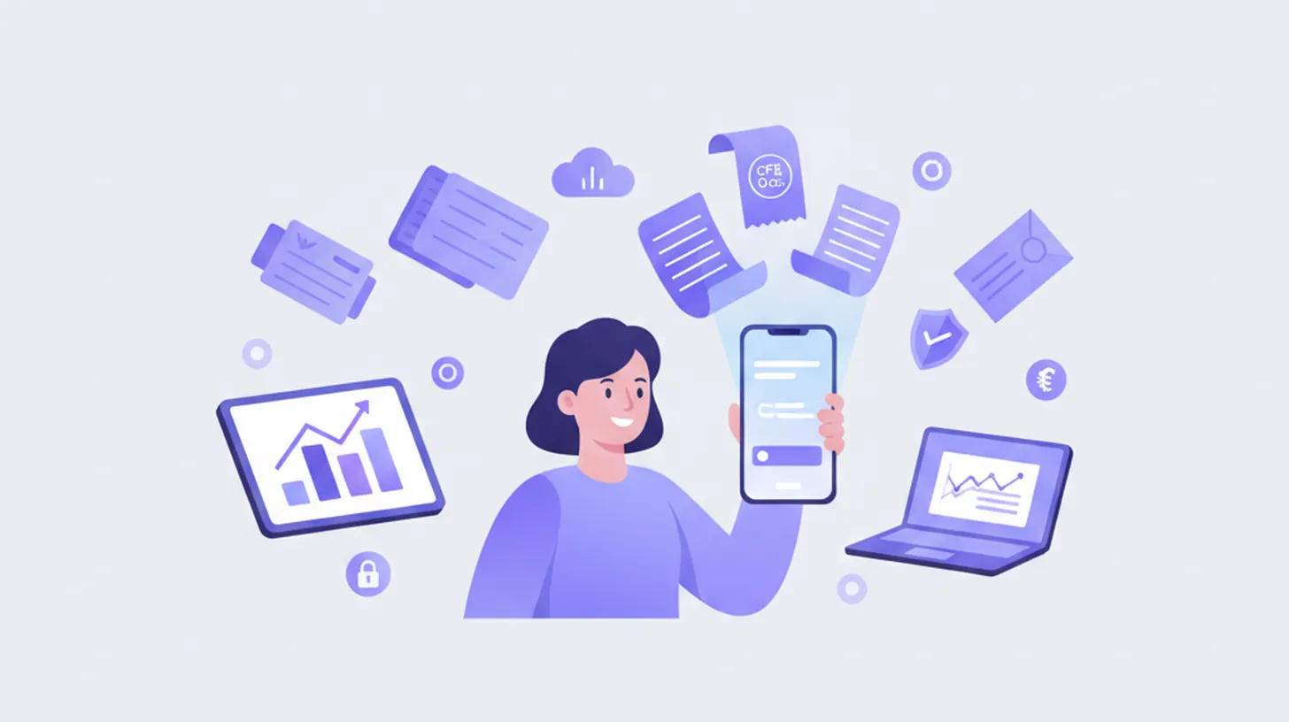 Ilustración de un emprendedor uruguayo emitiendo un ticket electrónico desde su celular, con íconos de la DGI y el BPS