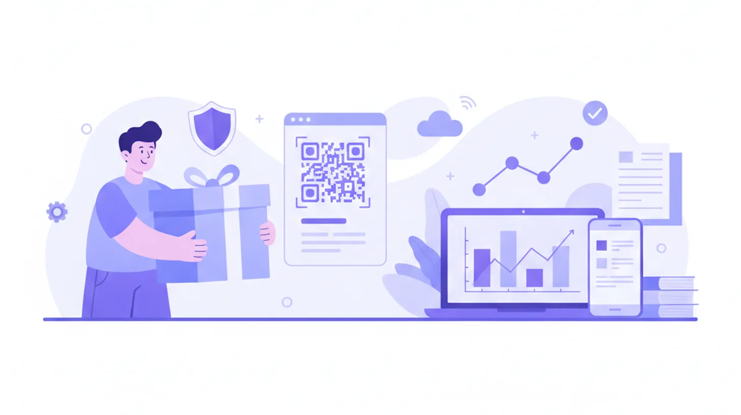 Ilustración vectorial flat estilo violeta/azul: cliente recibiendo paquete con factura digital, íconos de candado fiscal ARCA, corazón fidelización y gráfico de crecimiento LTV