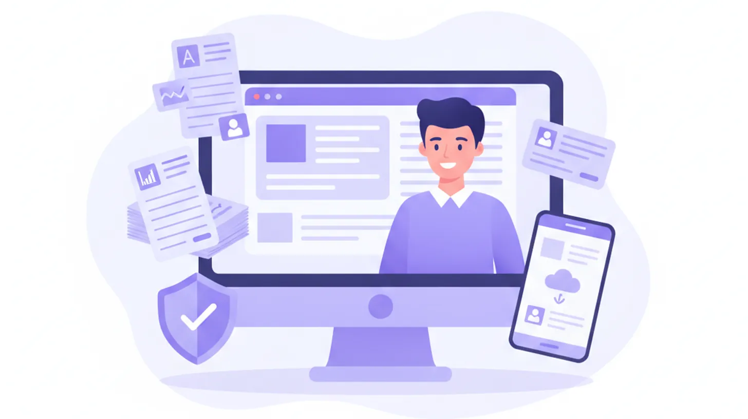 Emprendedor argentino formalizando su negocio con CUIT y factura electrónica, ilustración vectorial en violeta y azul