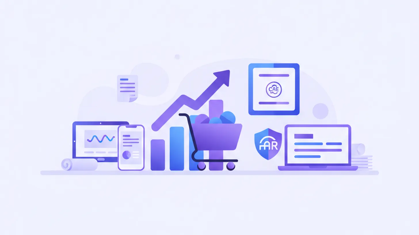 Ilustración vectorial de una tienda online creciendo con gráficos de ventas, iconos de facturación electrónica y colores violeta y azul