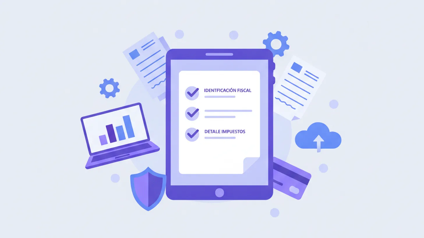Ilustración vectorial flat de una orden de compra digital en tablet con checklist de validación ARCA, colores violeta y azul corporativos