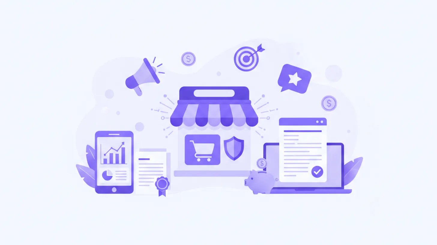 Ilustración flat vector violeta y azul de una tienda online con iconos de publicidad digital