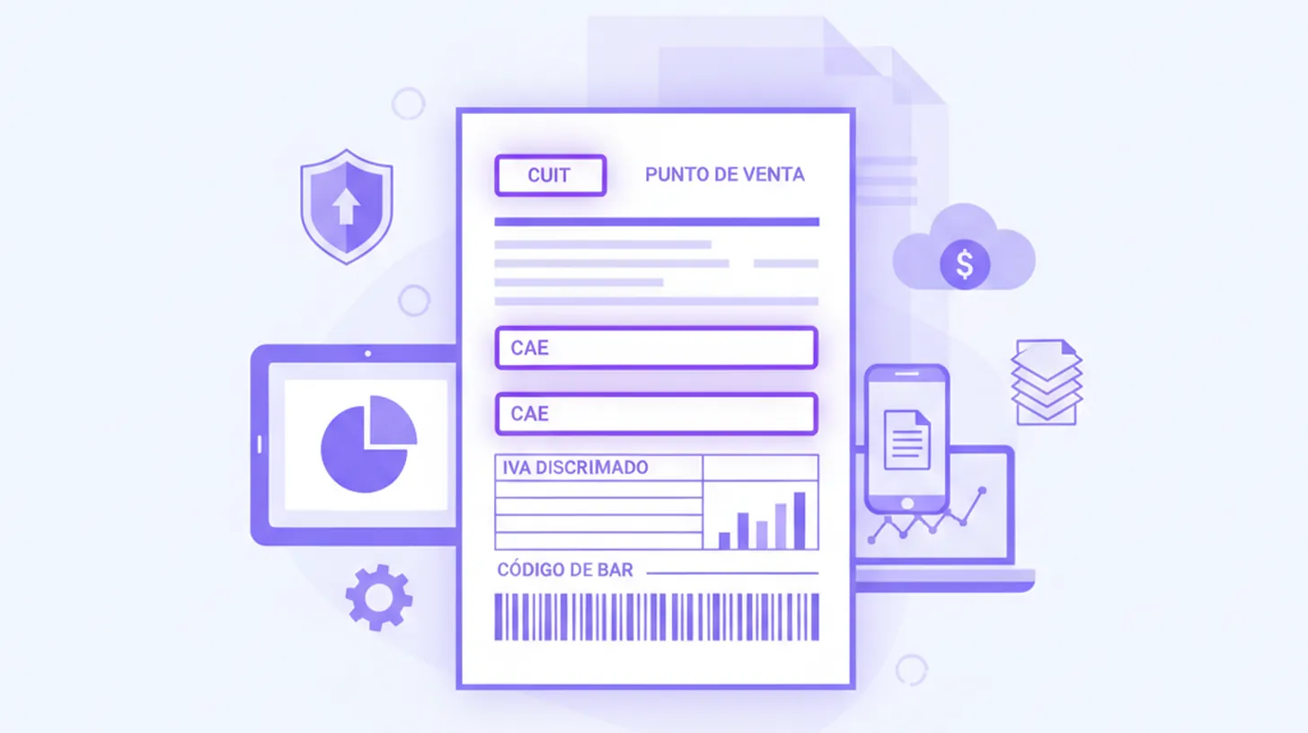 Ilustración flat vector violeta/azul de una factura electrónica argentina con campos resaltados