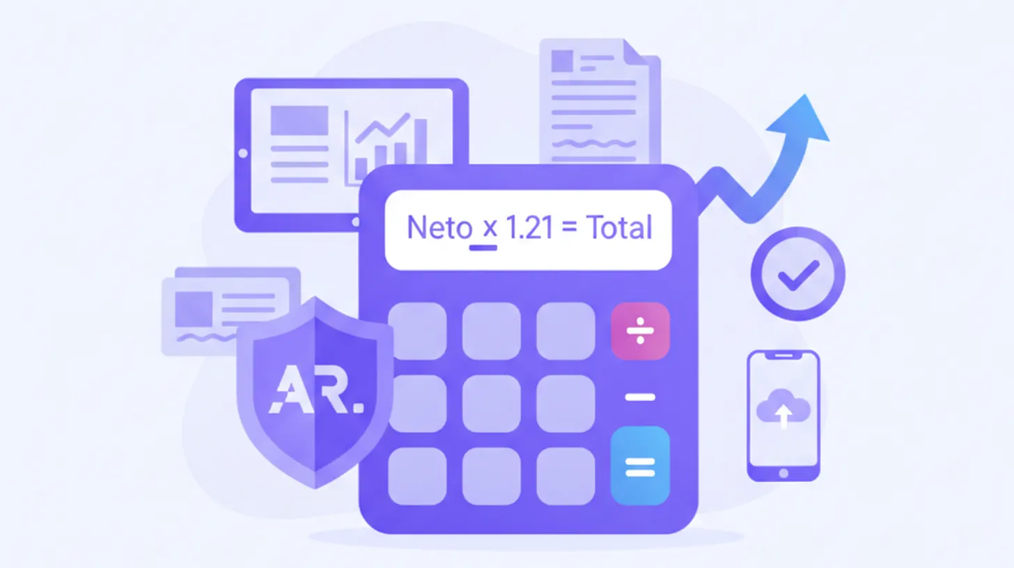Infografía vectorial violeta y azul mostrando fórmula matemática para calcular IVA 21% y 10,5% sobre precio neto, con logos de ARCA y factura electrónica