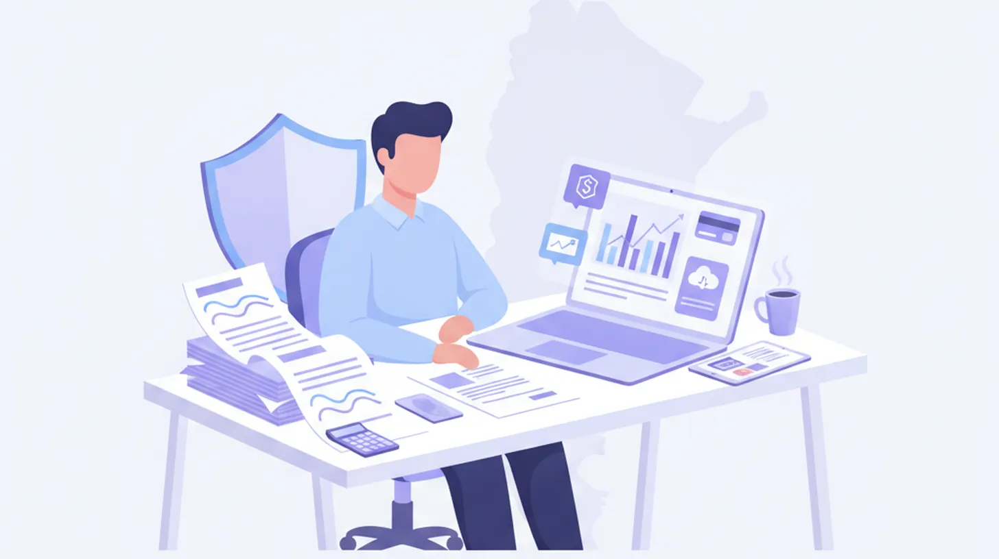 Persona revisando comprobantes de retención de impuestos en una oficina con notebook y calculadora