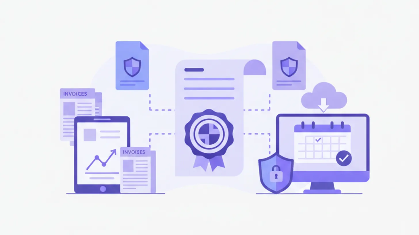 Ilustración vectorial de una firma electrónica digital con íconos de archivos .cer y .key, candado de seguridad y logotipo del SAT en tonos violeta y azul