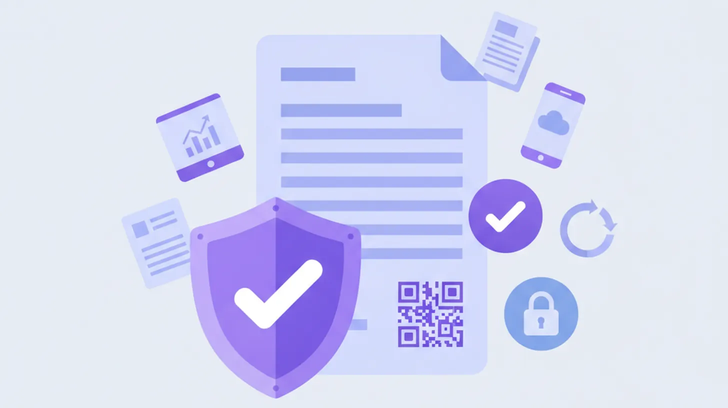 Ilustración vectorial de un documento CFDI digital con escudo de verificación y palomitas de validación en tonos violeta y azul