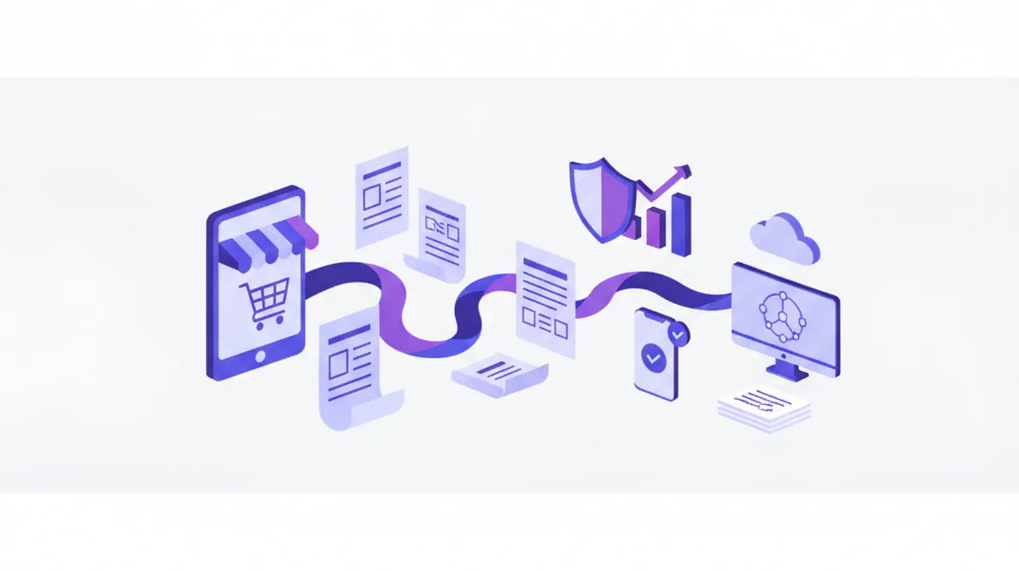 Ilustración flat vector violeta y azul de una tienda online con facturación electrónica