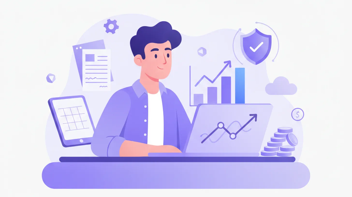Emprendedor argentino analizando métricas de su tienda online propia en notebook, gráfico de ventas sin comisiones creciendo, colores violeta y azul corporativos YoFacturo