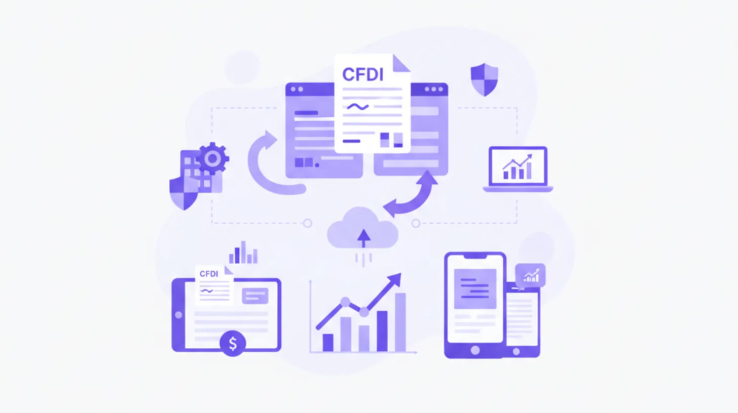 Ilustración vectorial del complemento de pago CFDI en México: documentos fiscales digitales, íconos de factura electrónica y flujos de pago en colores violeta y azul