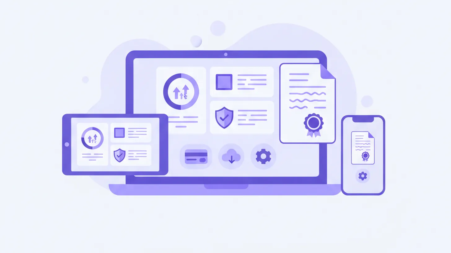 Ilustración vectorial de una tienda online con iconos de costos, impuestos y facturación en tonos violeta y azul.