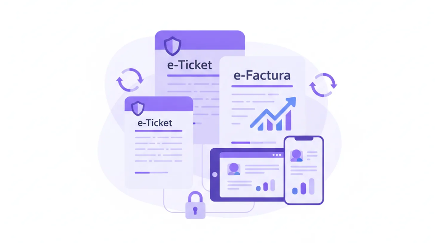 Ilustración flat vector comparando e-Ticket y e-Factura electrónica en Uruguay con paleta violeta y azul