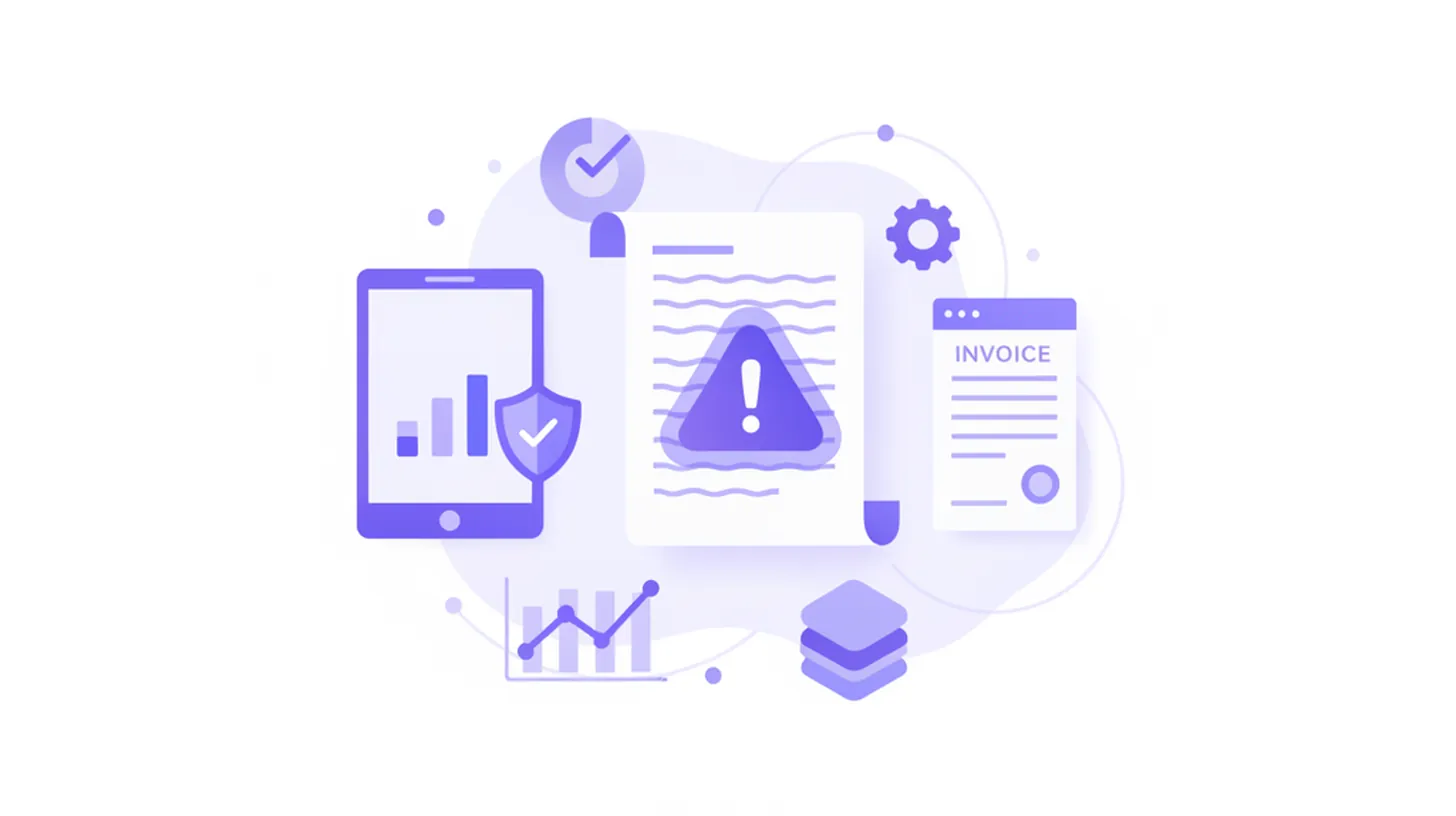 Ilustración vectorial que muestra un documento de factura con una señal de advertencia y una flecha indicando el cambio de régimen tributario, en colores violeta y azul sobre fondo blanco, estilo minimalista SaaS