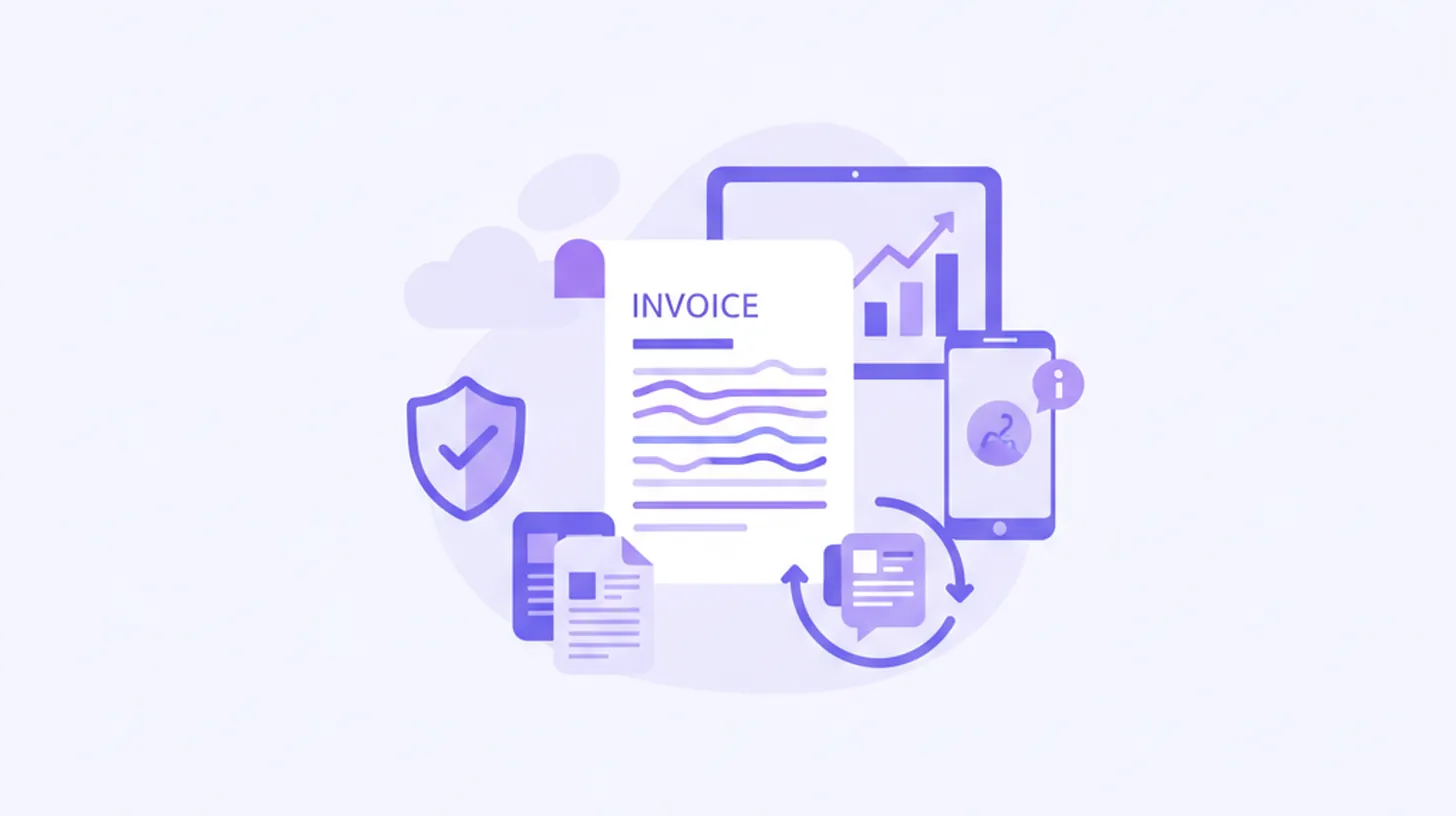 Ilustración vectorial de documentos de factura con el número 10% en tonos violeta y azul sobre fondo claro, estilo flat design