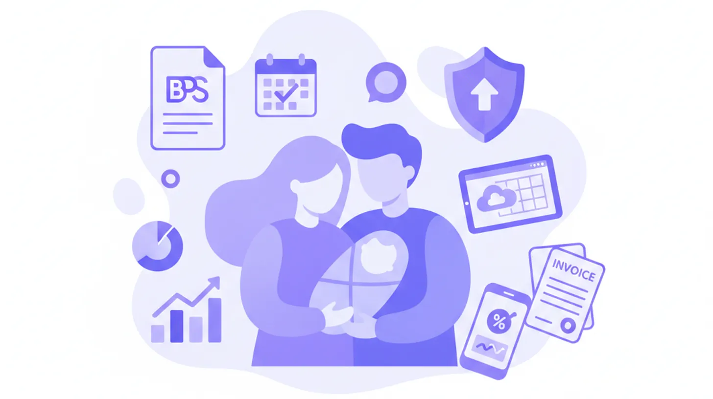 Ilustración flat de familia uruguaya con bebé recién nacido, íconos de documentos BPS y calendario de licencia maternal y paternal