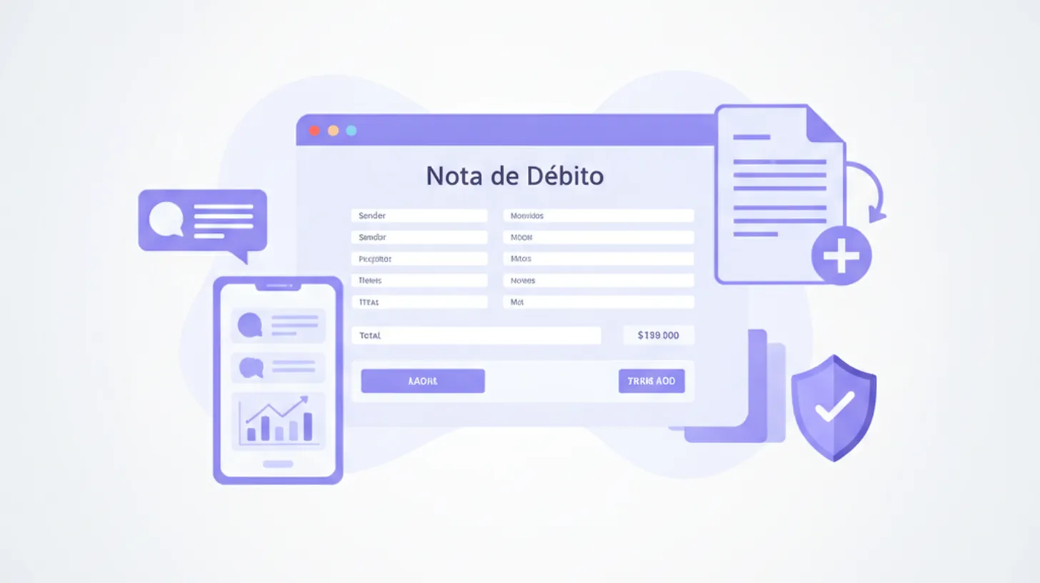 Ilustración flat de una nota de débito electrónica con ícono de comprobante fiscal y flechas de ajuste de monto, en tonos violeta y azul, estilo SaaS moderno