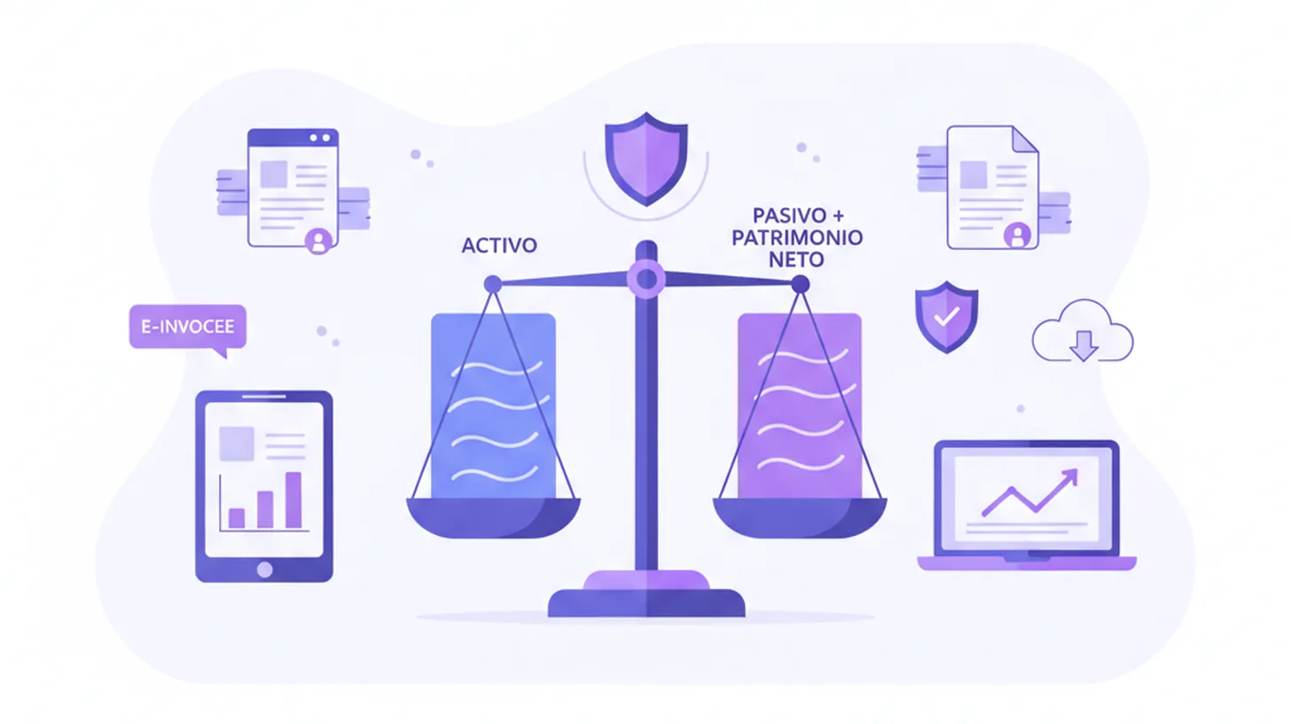 Ilustración de balance contable con columnas de activo y pasivo en equilibrio, representando el patrimonio neto