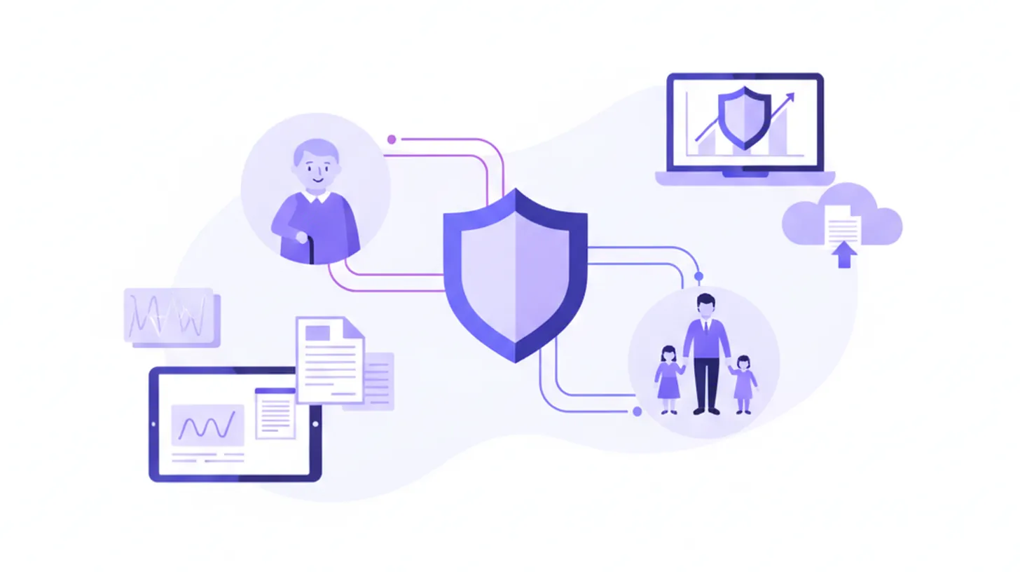 Ilustración flat vector de seguridad social en Uruguay con iconos de jubilación, salud y aportes sobre fondo violeta y azul