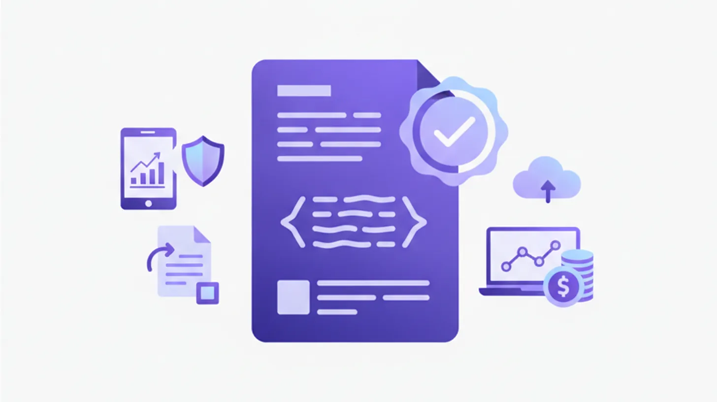 Ilustración flat de un comprobante fiscal digital CFDI con elementos del SAT, XML y facturación electrónica en México, en tonos violeta y azul