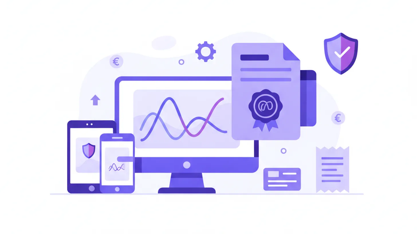 Ilustración flat vector de comprobantes fiscales electrónicos con firma digital y pantalla de facturación electrónica en Uruguay, en tonos violeta y azul