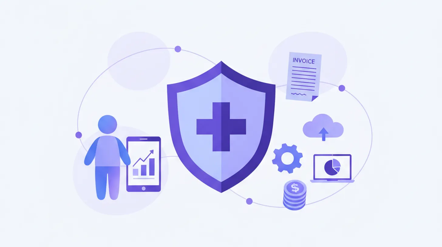 Ilustración vectorial plana del IMSS: escudo de protección social, personas trabajando, documento de registro patronal y fichas médicas en tonos violeta y azul
