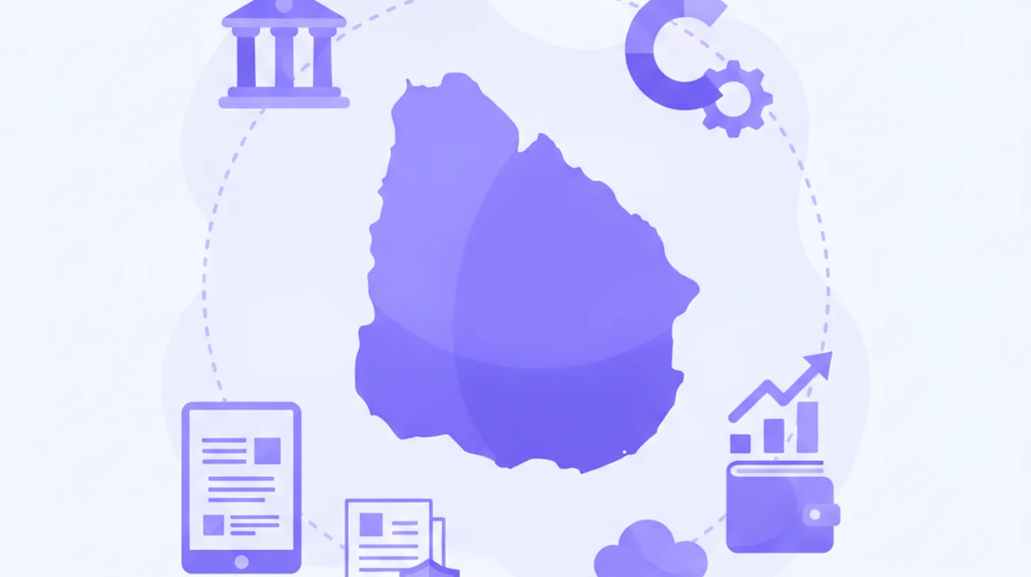 Ilustración del IRNR en Uruguay: mapa del país con íconos de impuestos, flechas de retención y porcentajes en estilo flat violeta y azul