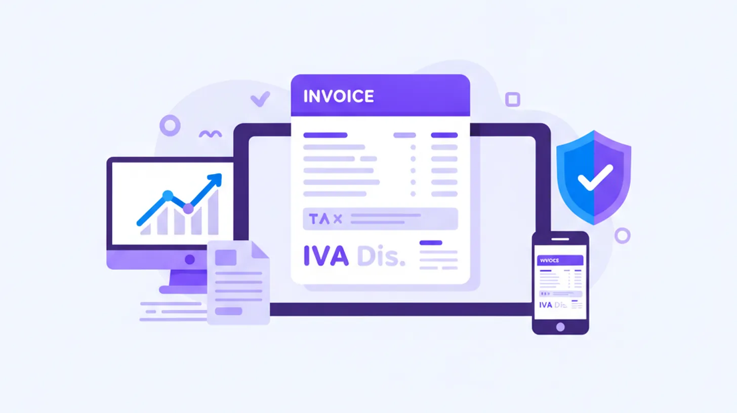 Ilustración flat vector de una factura electrónica con IVA calculado automáticamente, íconos de porcentajes y monedas en paleta violeta y azul, estilo SaaS moderno