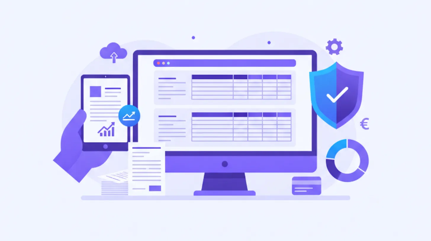 Ilustración de libro IVA digital en Argentina: pantalla de software con registros de comprobantes, íconos de factura y declaración jurada, paleta violeta y azul, estilo flat vector