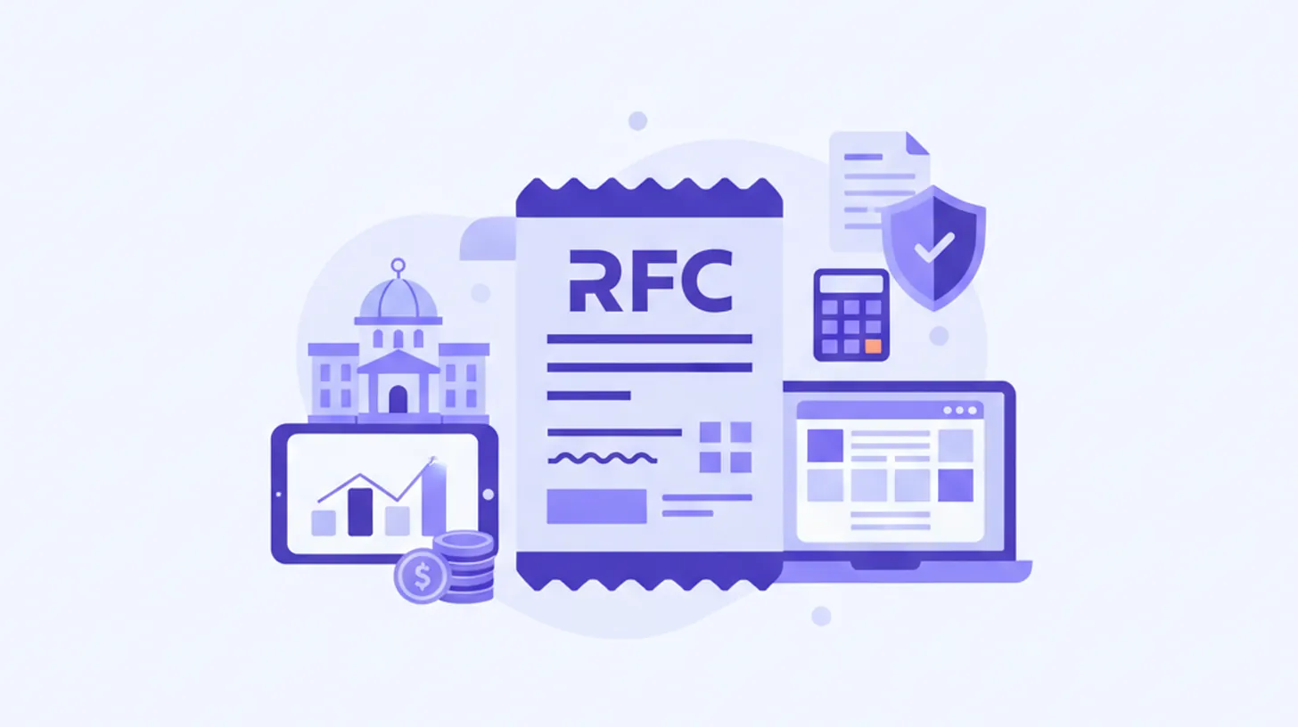 Ilustración de régimen fiscal en México con íconos del SAT, documentos CFDI y contribuyentes