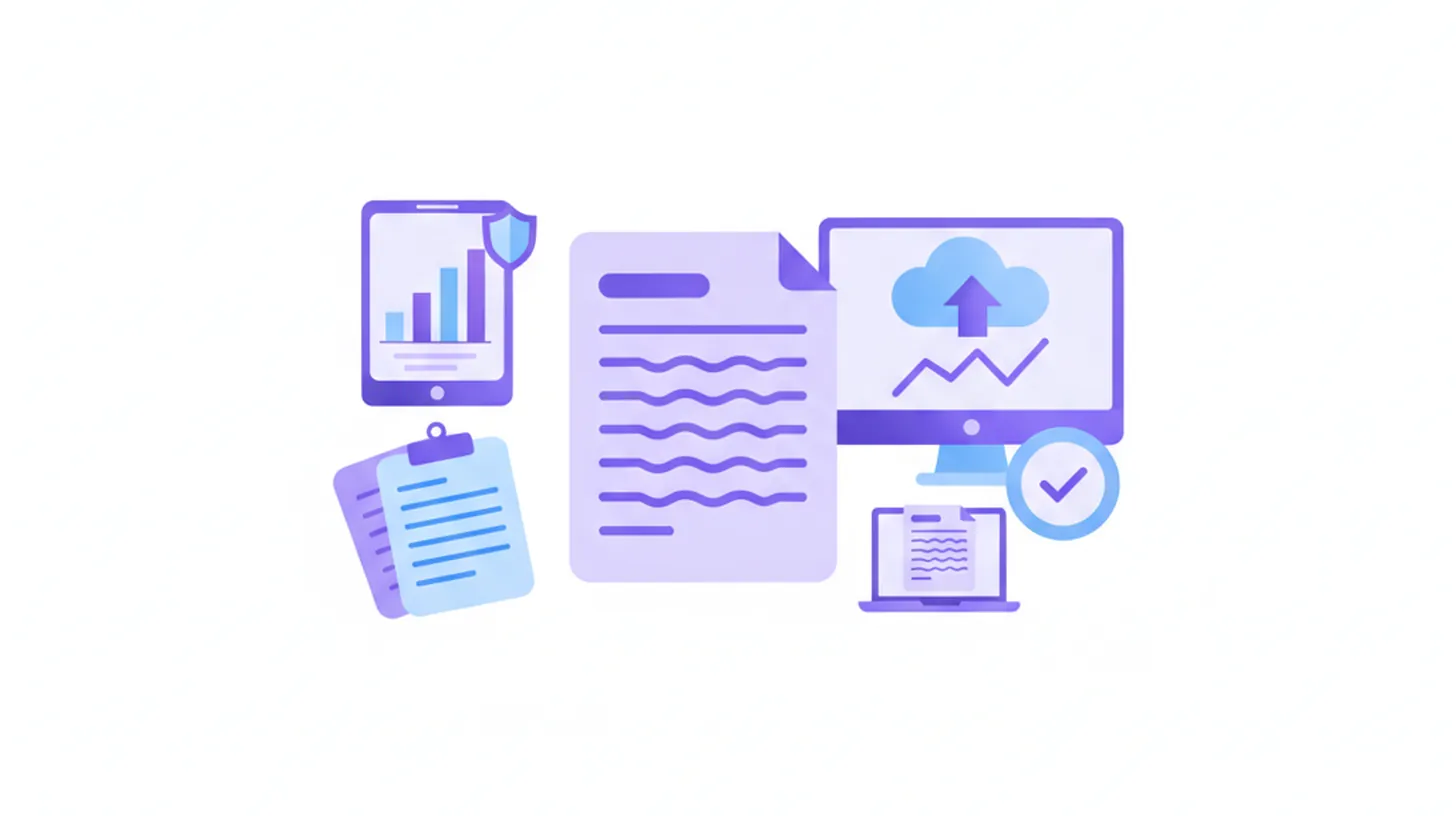 Ilustración flat vector de documentos fiscales con el texto DIOT, íconos de facturas, calendario y escudo de verificación en tonos violeta y azul