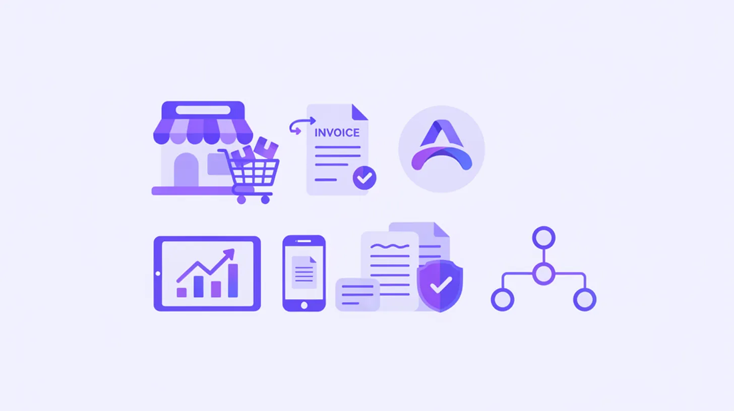 Ilustración flat vector de una tienda online con carrito, factura y logo ARCA en tonos violeta y azul