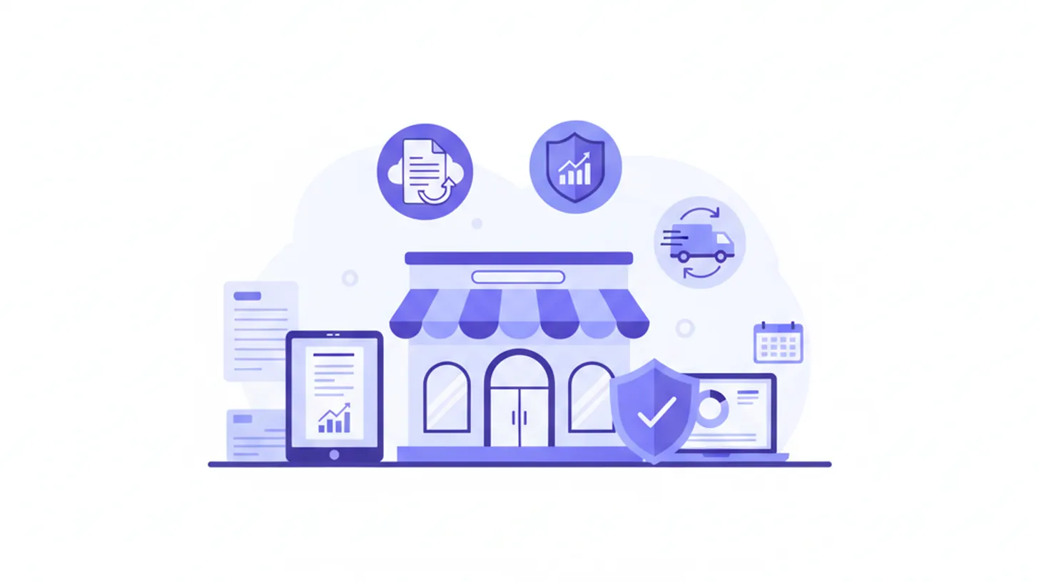 Ilustración vectorial de una tienda online con íconos de facturación y impuestos en tonos violeta y azul