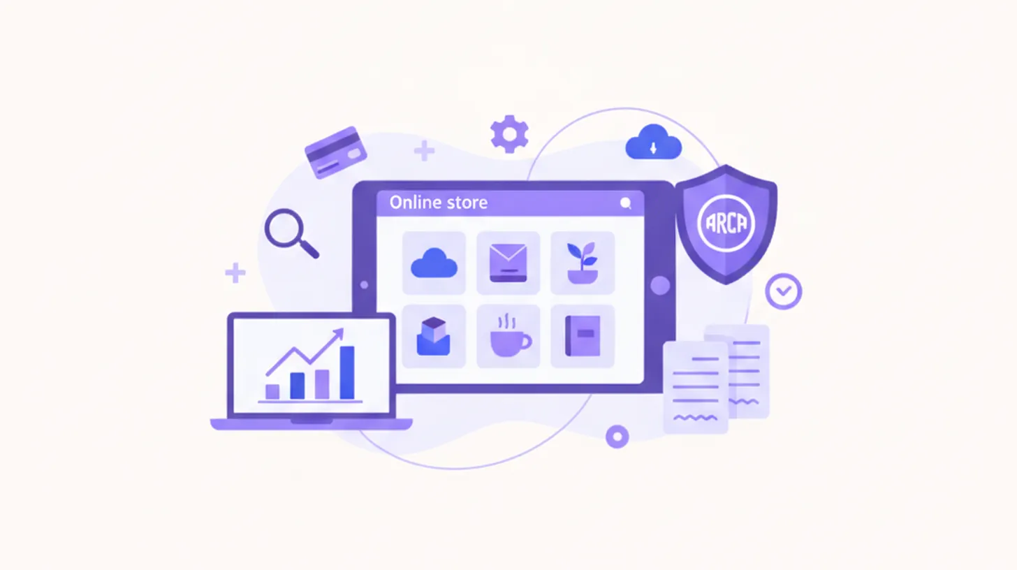 Ilustración flat vector violeta y azul de una tienda online con productos variados y logo ARCA