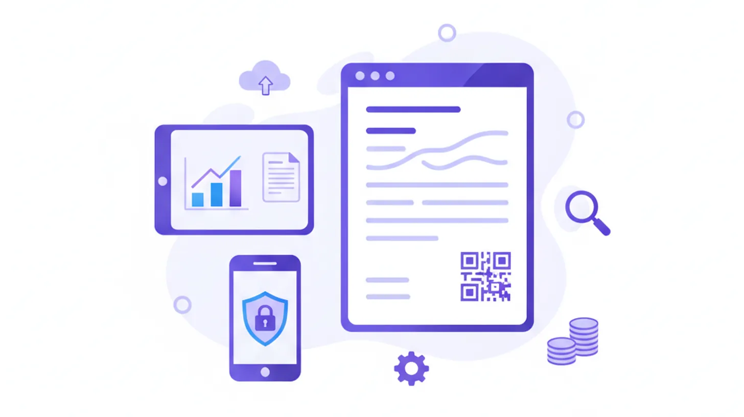 Ilustración vectorial de un documento CFDI con código QR, sello digital y datos fiscales en tonos violeta y azul