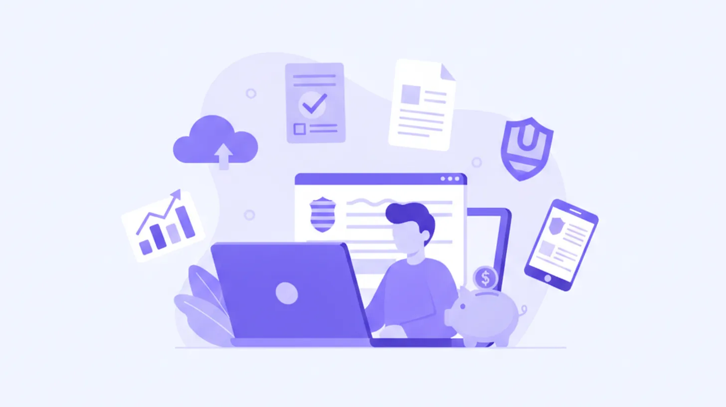 Ilustración flat de una persona usando el portal en línea de DGI Uruguay con íconos de documentos fiscales, facturas electrónicas y certificados digitales en colores violeta y azul